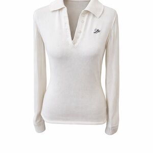 Level 99 White Ribbed Long Sleeve Henley Polo Top
